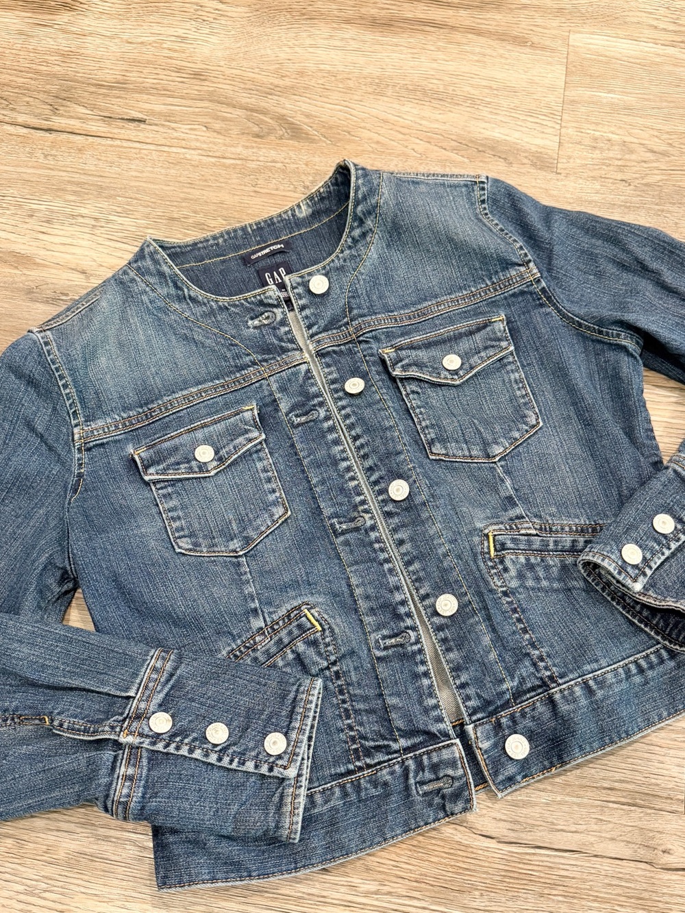 Gap Vintage Denim Jacket Collarless Y2K 2000s Medium Wash Clean Girl Medium